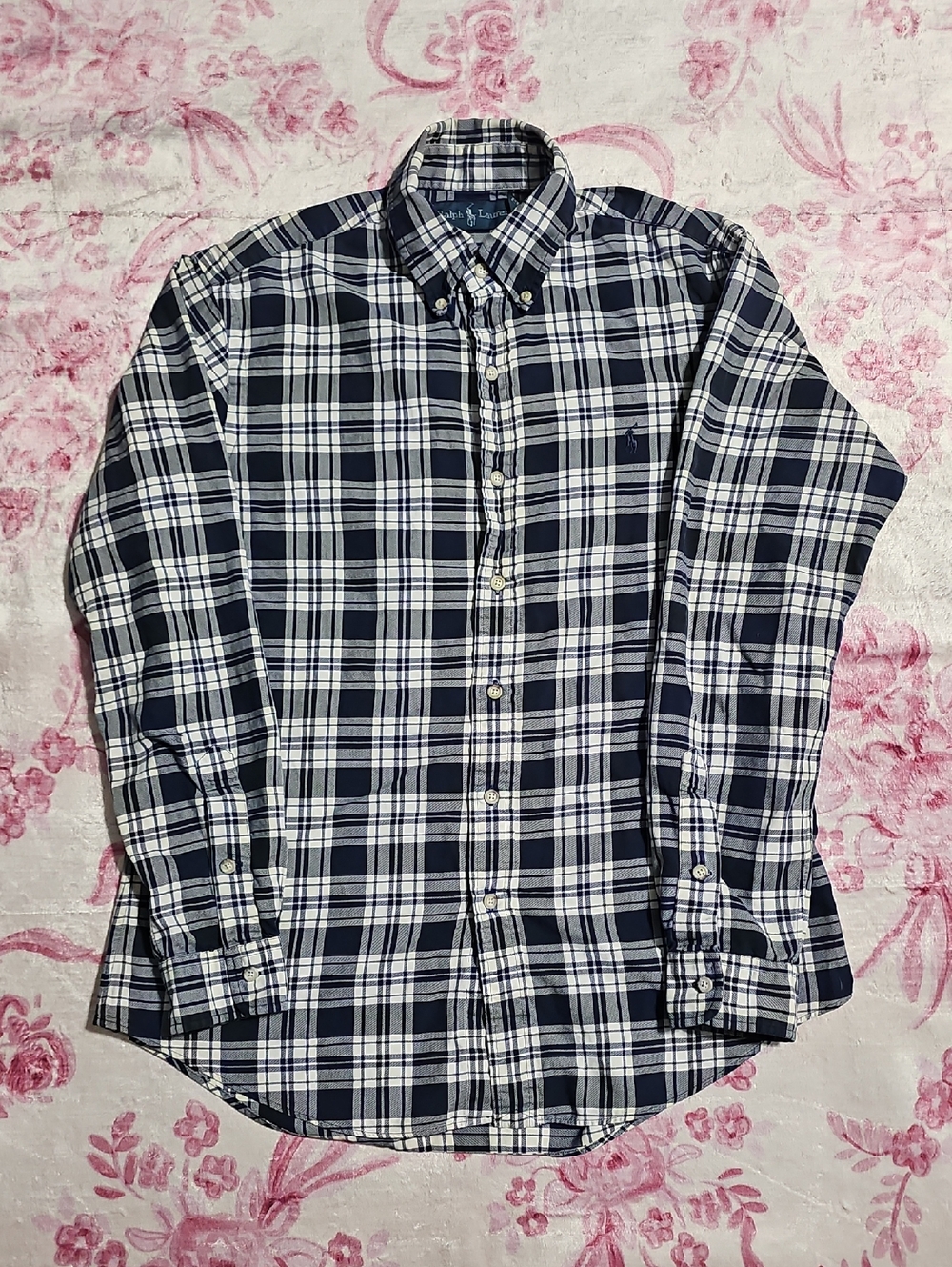 Ralph Lauren Mens Navy Blue White Plaid Button‎ Down Shirt Long Sleeve Size M